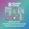 Promotional graphic for "Shutter Circle" featuring overlapping colored photographs of three men with the text "Discovery Call: 15-minute call to find the right mentor for your business!"