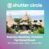 A picturesque venue showcasing tipis surrounded by greenery, adorned with floral decorations and a welcoming pathway. Event details include date and mention of pricing to be confirmed.