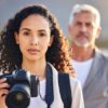 A confident woman holding a camera in the foreground with a blurred older man standing behind her, set against a soft-focus natural background.